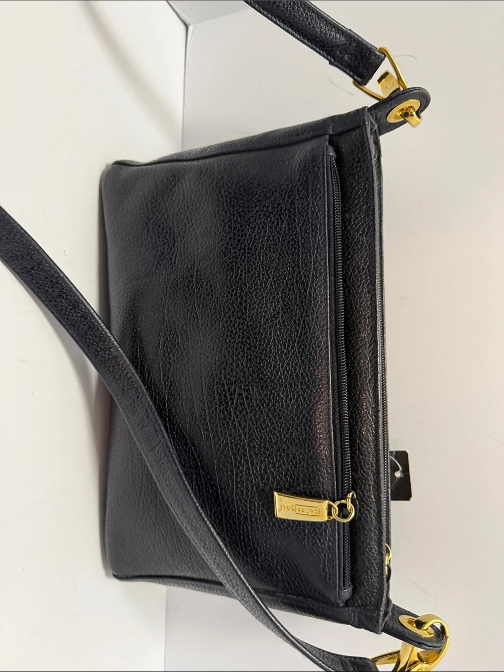Susan Gail Navy Leather Shoulder Bag with Gold Accents